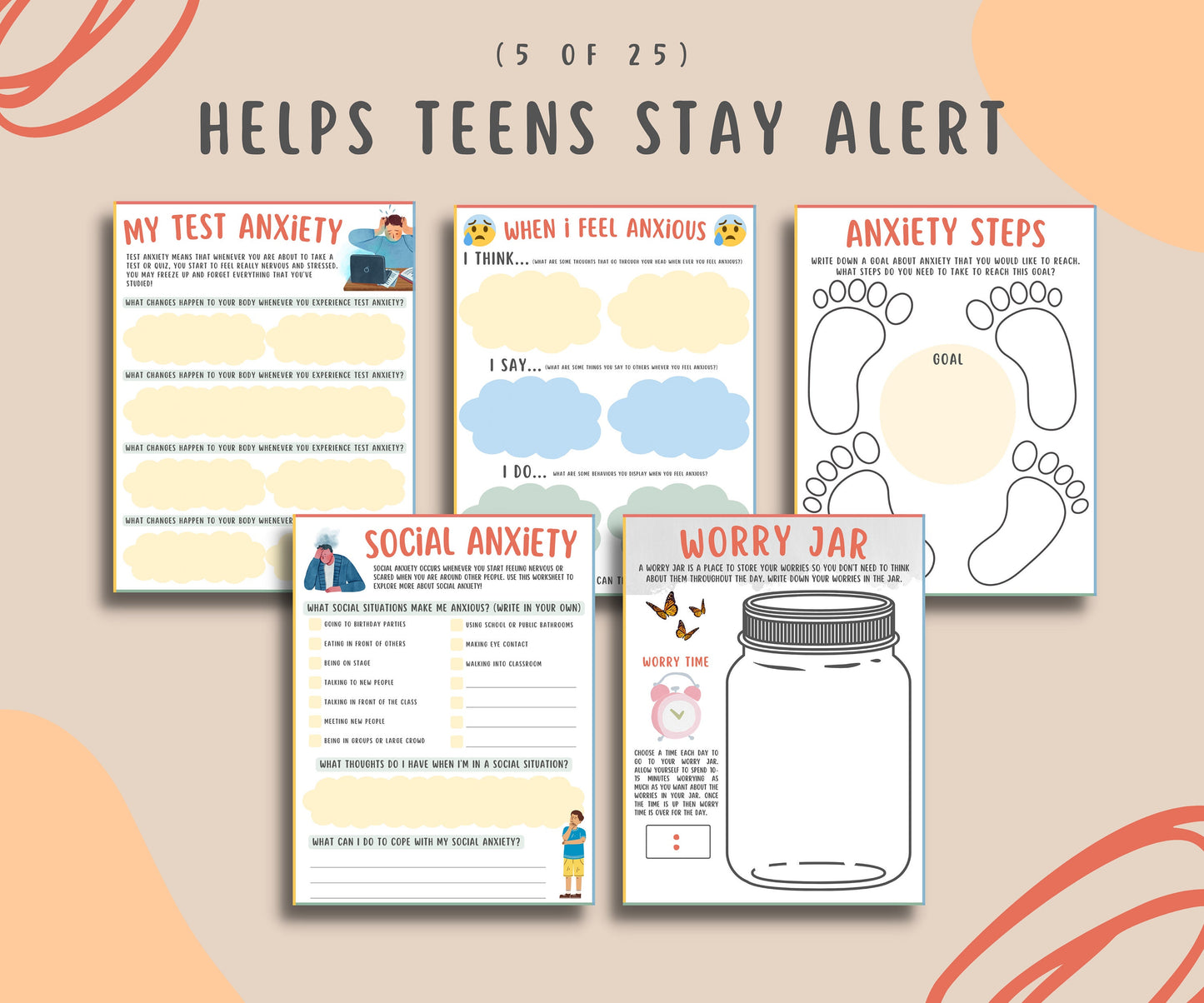 25 Anxiety Worksheets Bundle For Kids & Teens