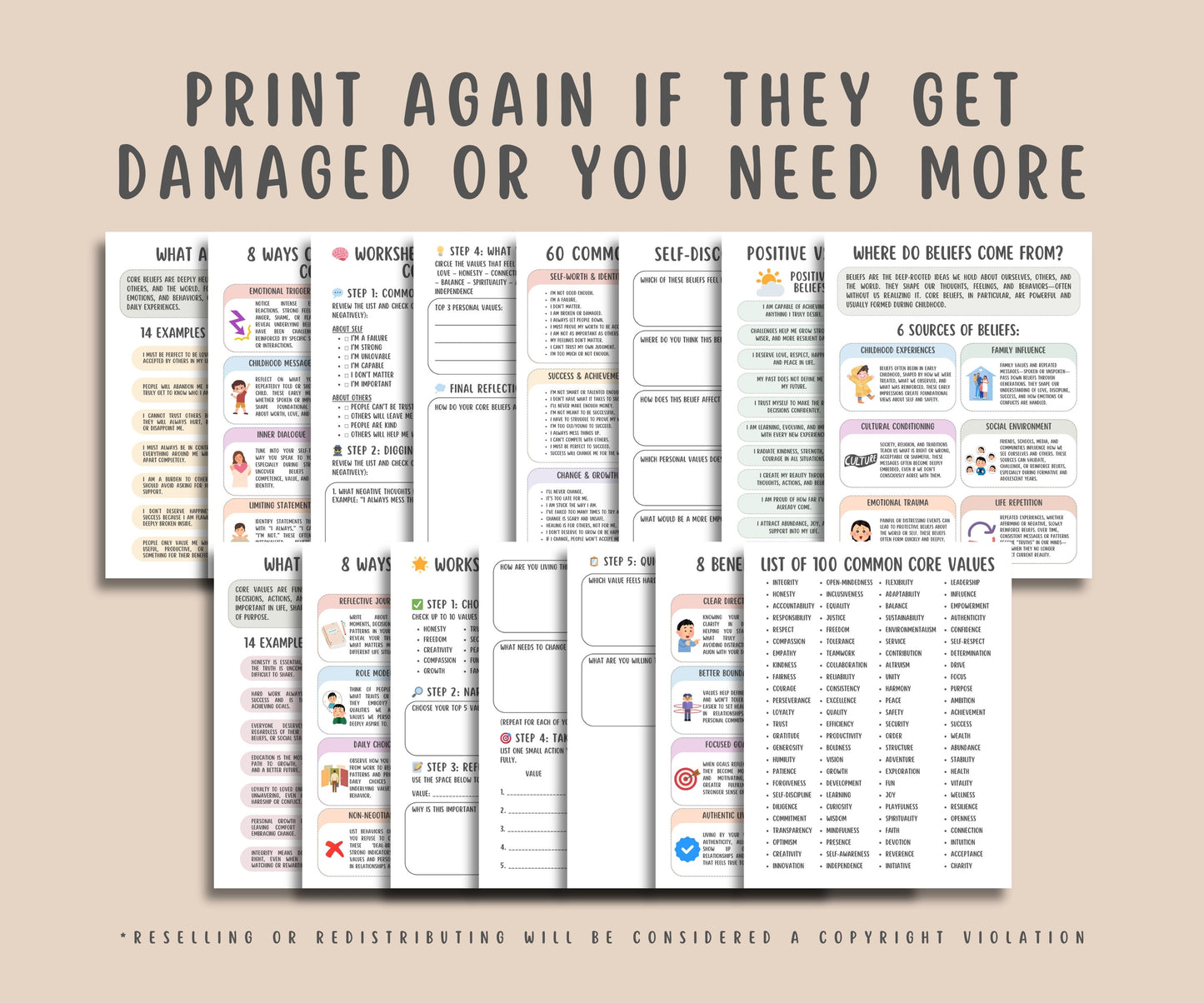 Core Values and Beliefs Worksheets (16 Pages)