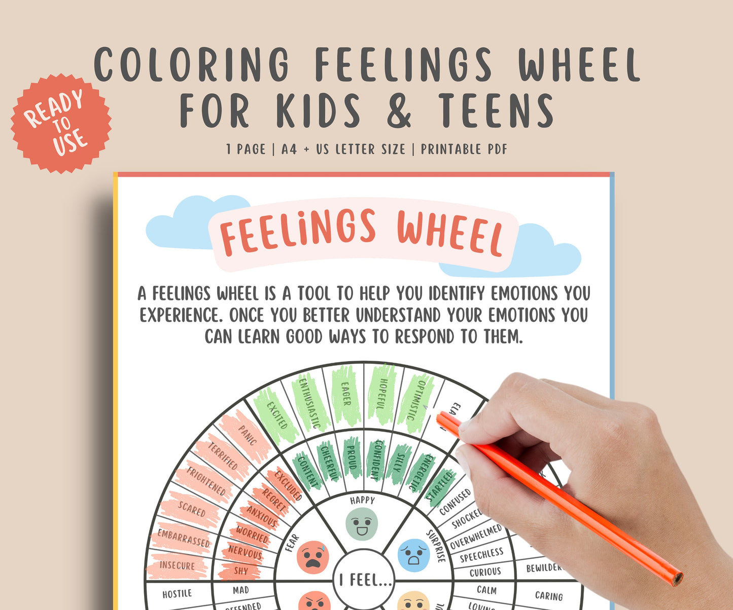 Coloring Feelings wheel printable for kids & teens