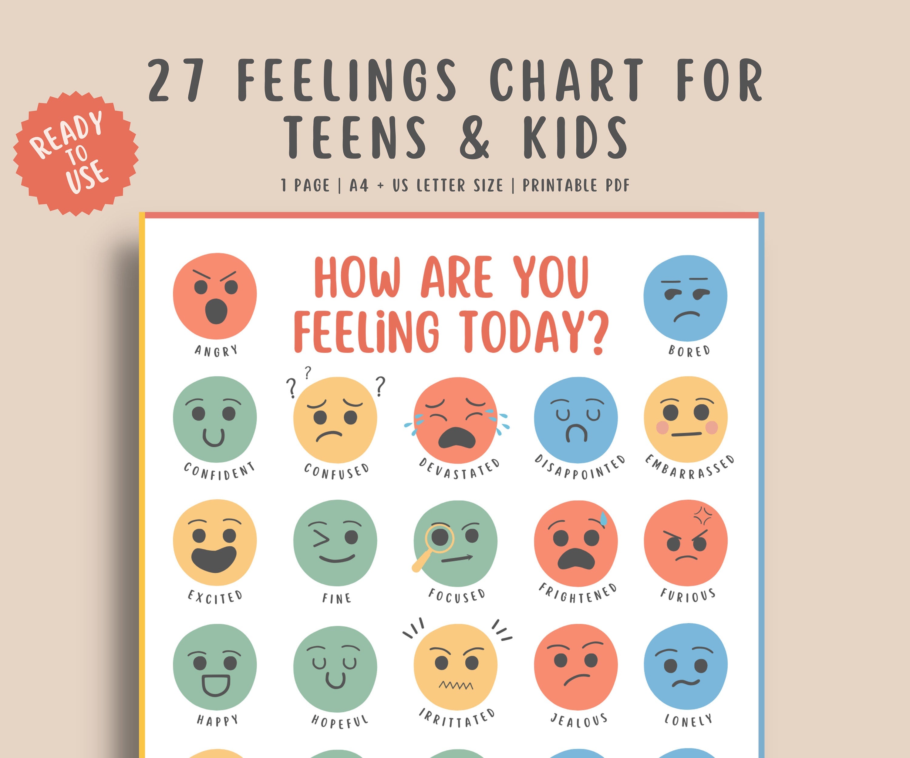 27 Feelings chart for kids & teens MindSpacePrintables