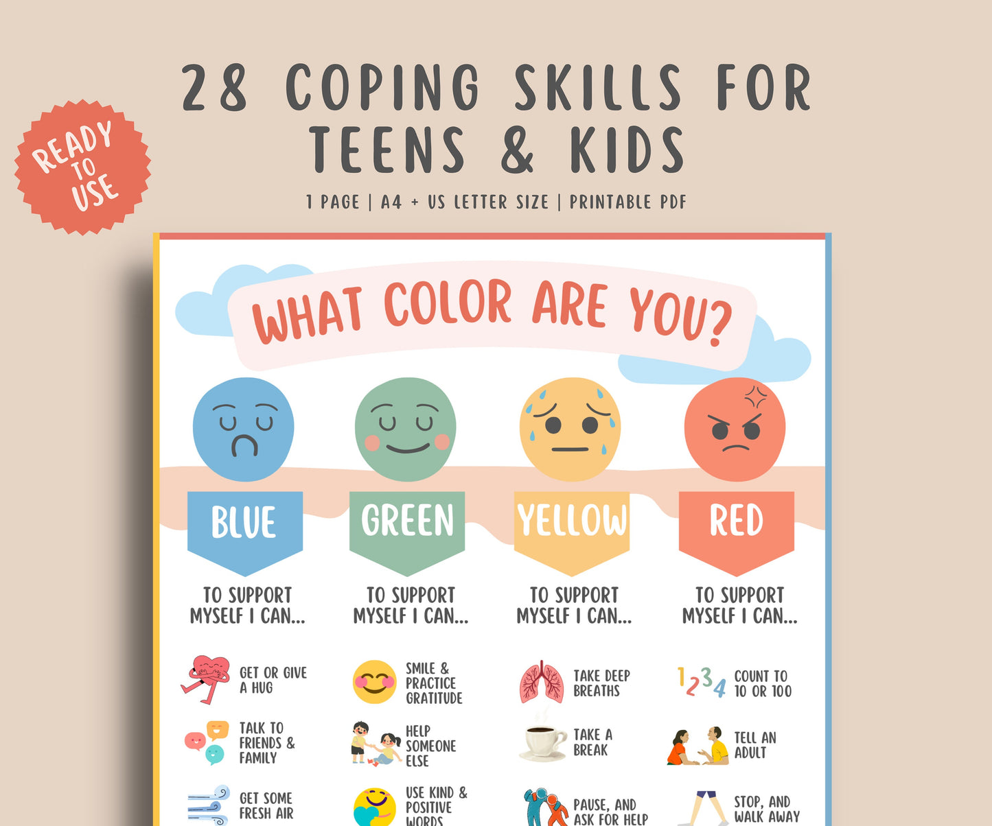 28 Coping Skills Poster for Kids & Teens