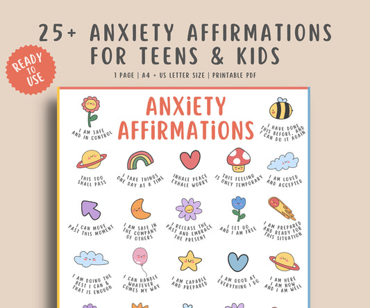 25 Anxiety Affirmations Poster for Kids Teens