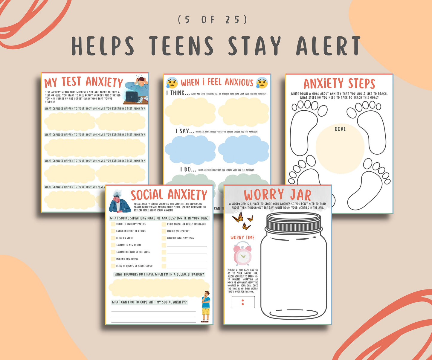 25 Anxiety Coping Worksheets Bundle For Kids & Teens