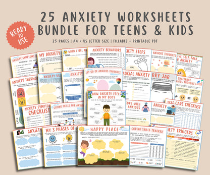 25 Anxiety Worksheets Bundle For Kids & Teens