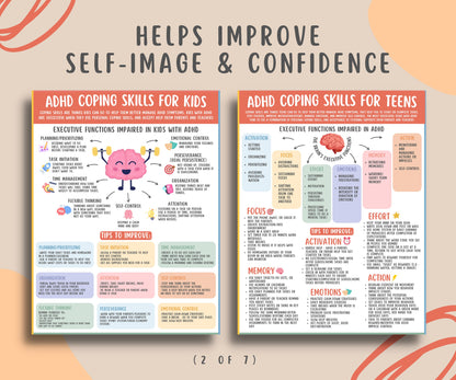 ADHD Coping Skills Bundle for Kids Teens (7 Pages)