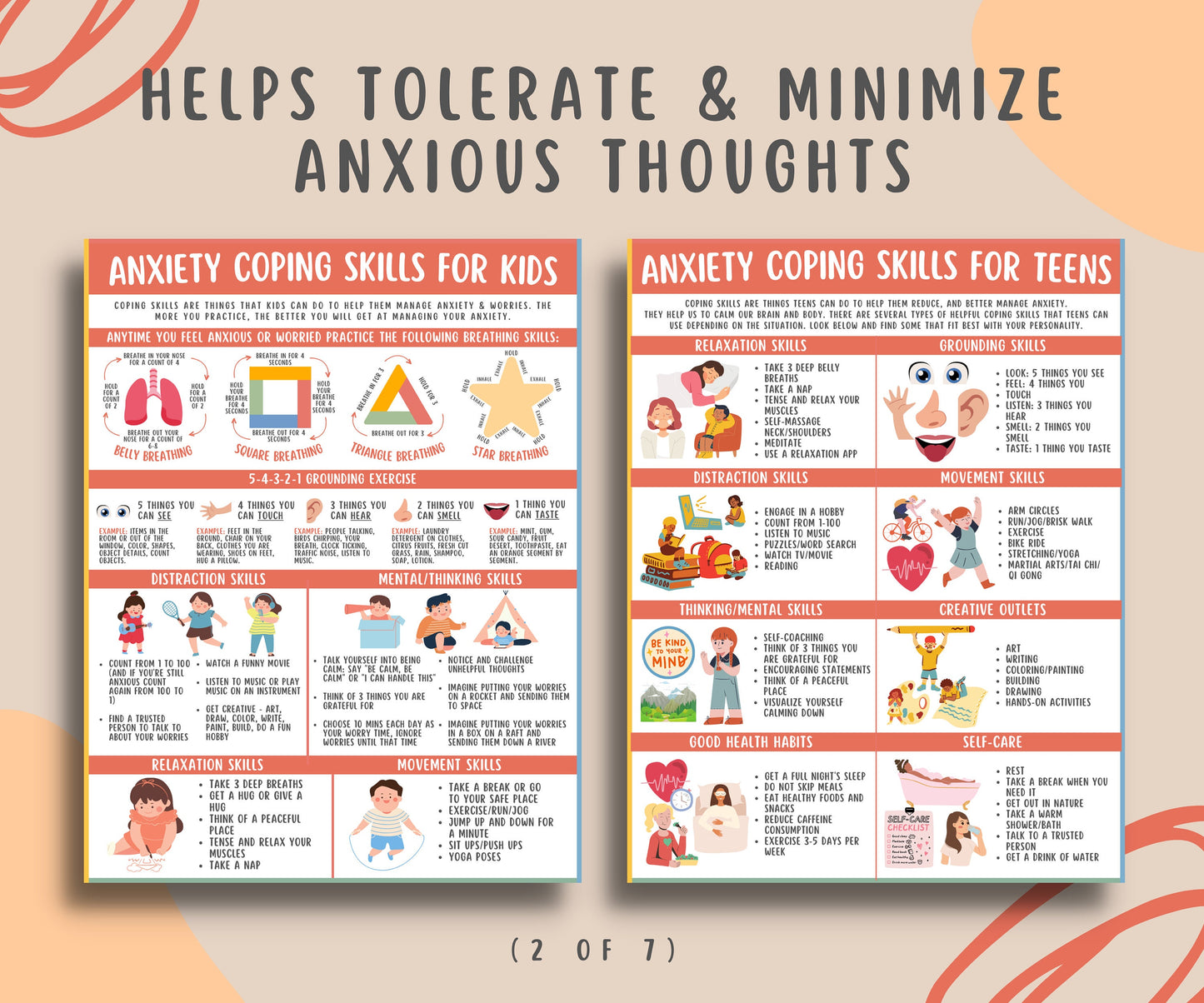 Anxiety Coping Skills Bundle For Kids Teens (7 Pages)