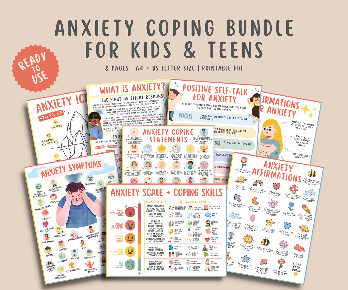 Anxiety Coping Skills Bundle Kids Teens (8 Pages)