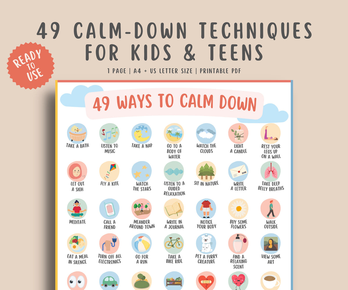 49 Calming Techniques Poster for Kids & Teens – MindSpacePrintables