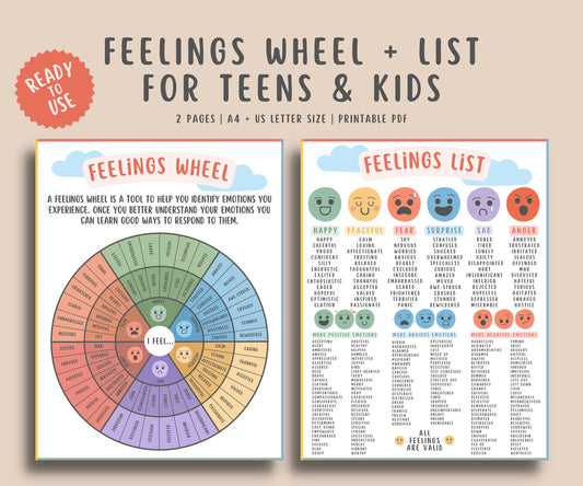 Feelings Wheel + Feelings List Handout for Teens & Kids