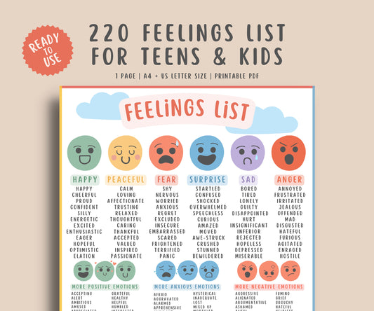 220 Feelings List for Kids & Teens