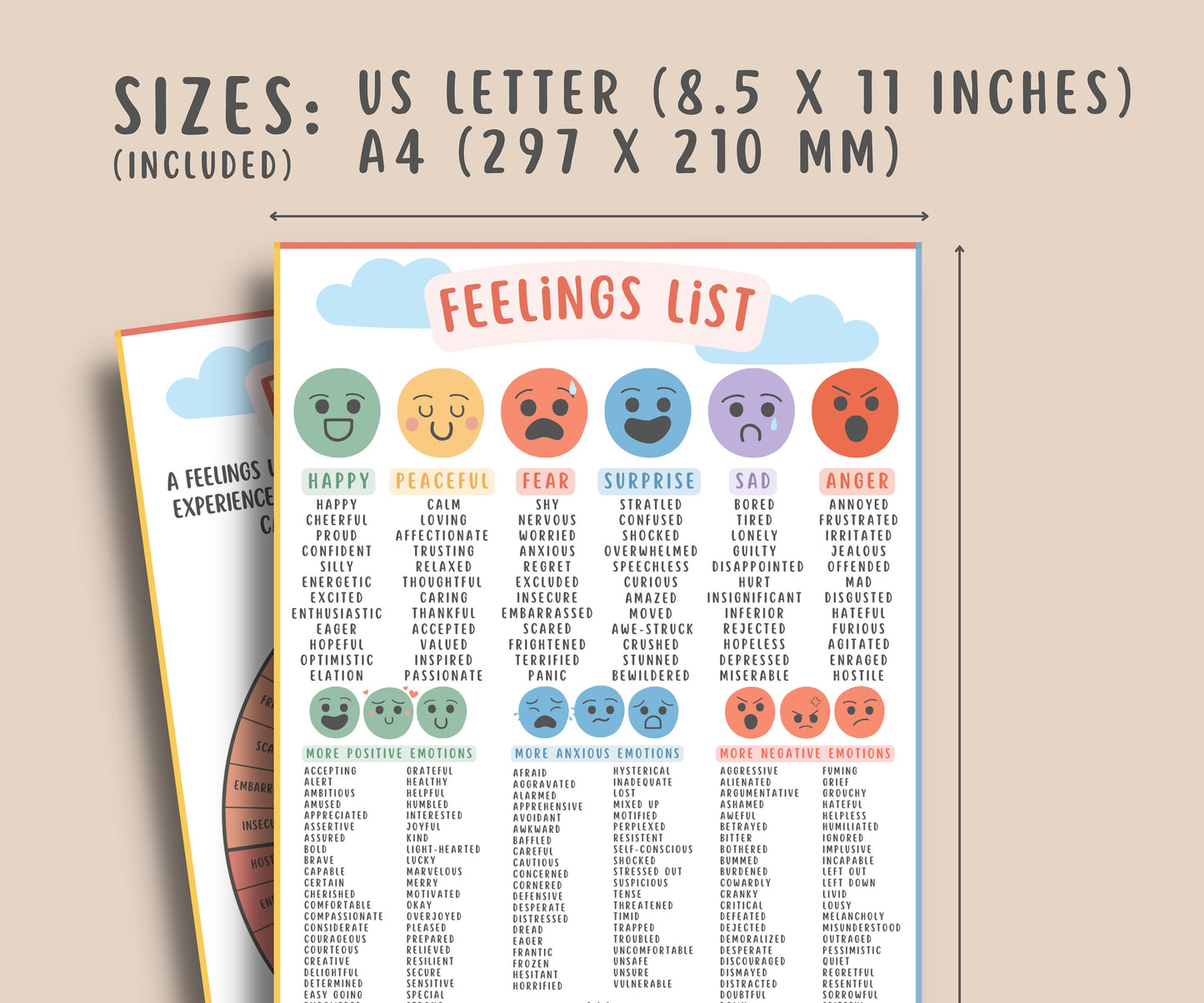 Feelings Wheel + Feelings List Handout for Teens & Kids