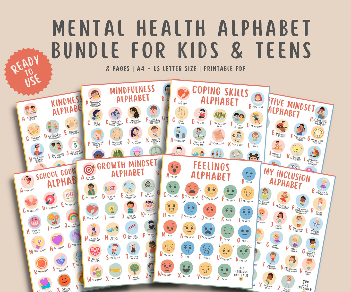 Alphabet Mental Health Coping Bundle for Kids & Teens (8 Pages)