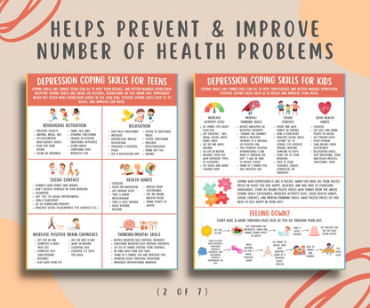 Depression Coping Skills Handout Bundle for Kids & Teens (7 Pages)