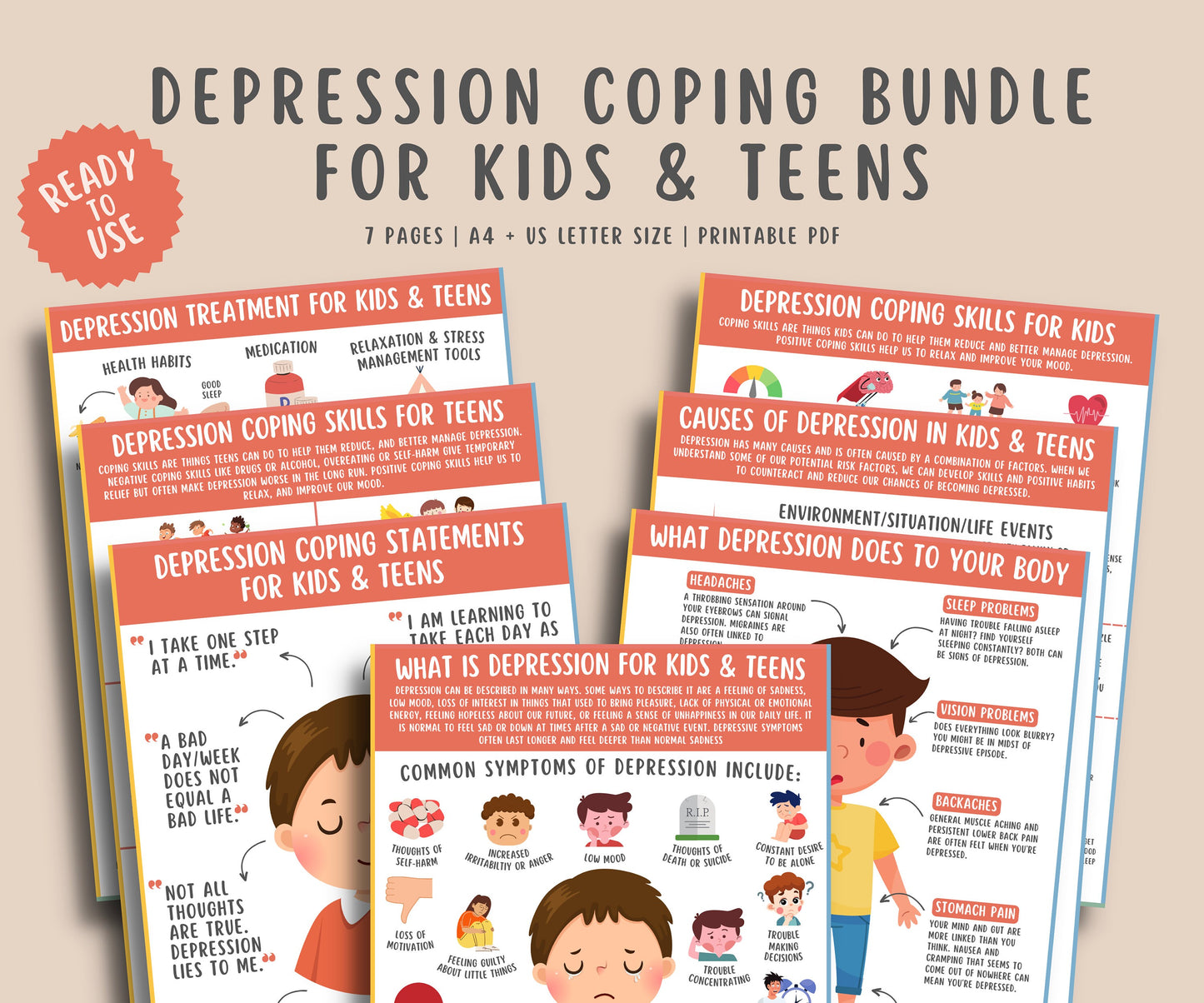 Depression Coping Skills Handout Bundle for Kids & Teens (7 Pages)