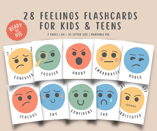 28 Feelings Flashcards for Kids & Teens