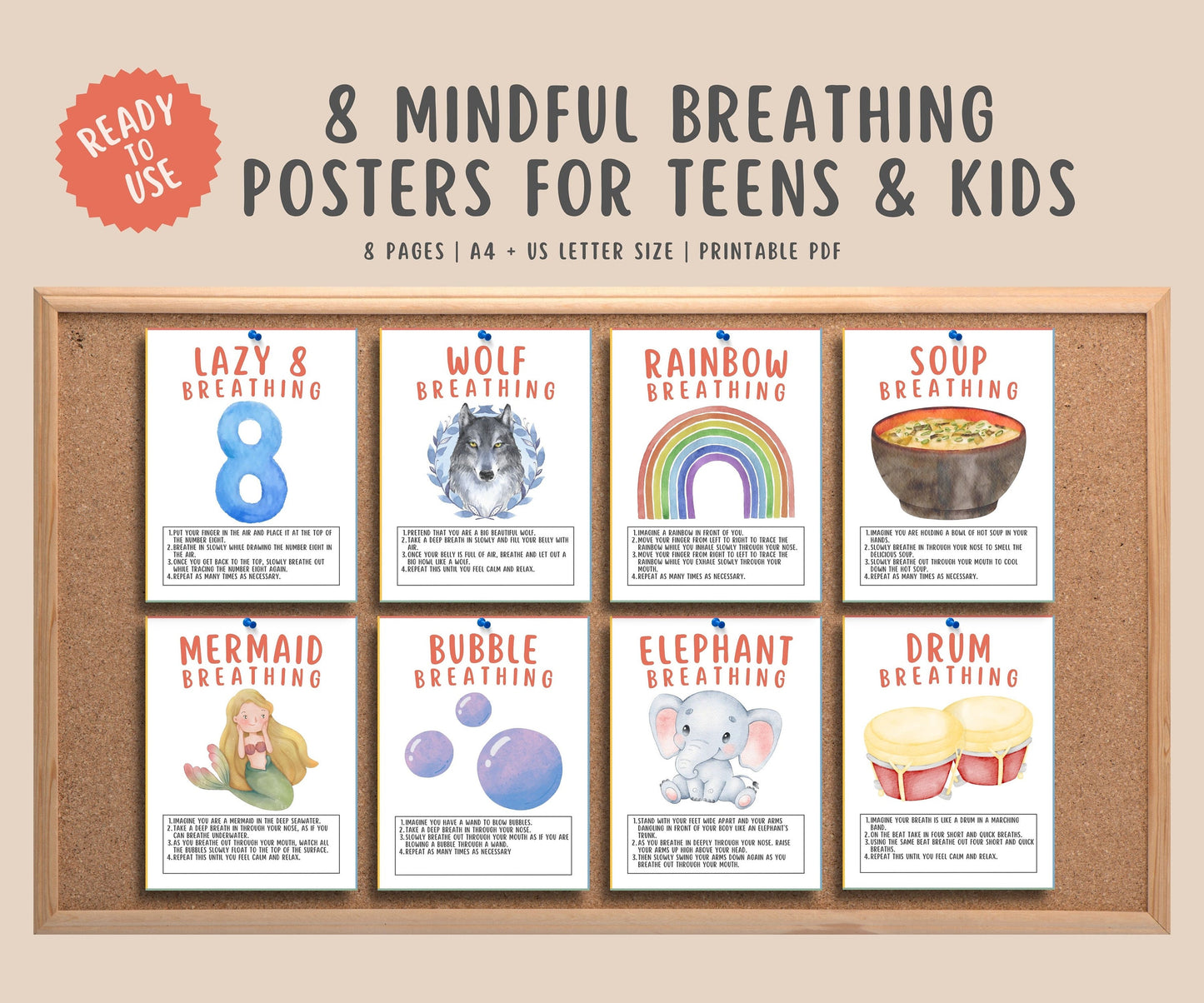 8 Scripted Mindful Breathing Posters Bundle for kids & teens