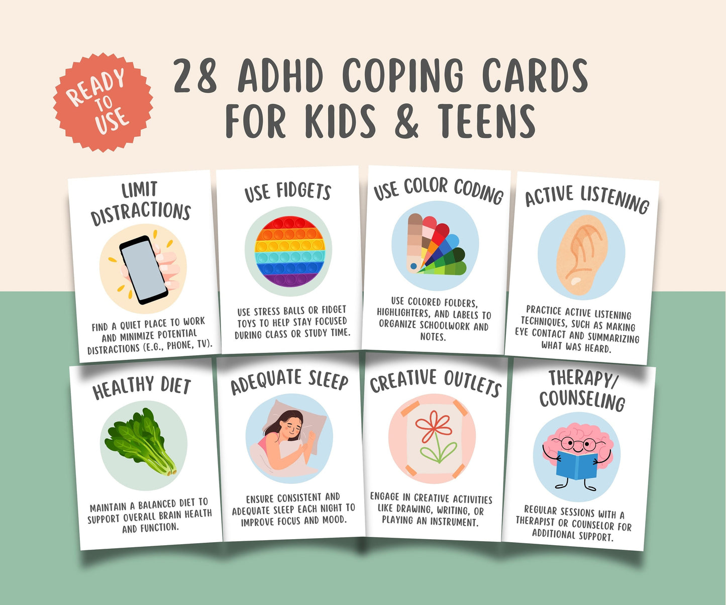 28 ADHD Coping Skills Flashcards for Kids and Teens